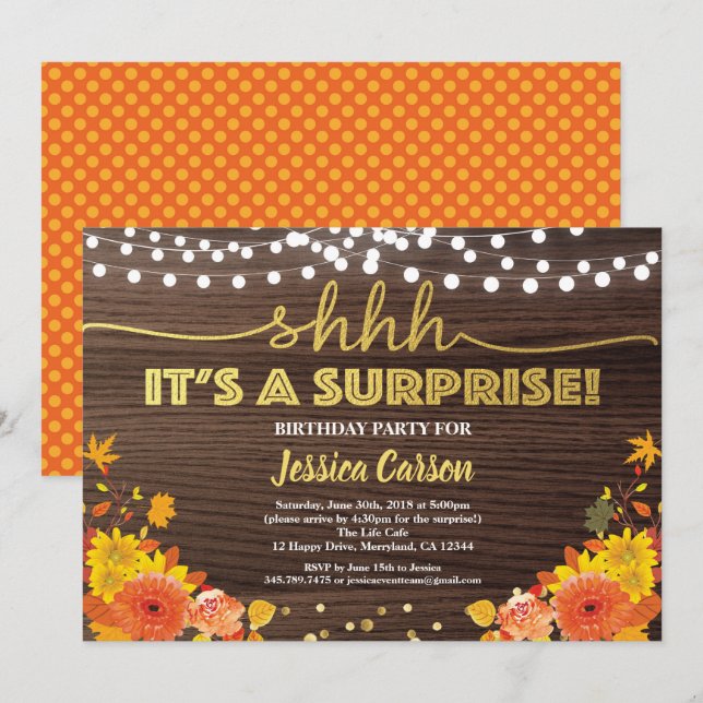 Invitación Festividad de cumpleaños sorpresa caída floral de  (Anverso / Reverso)