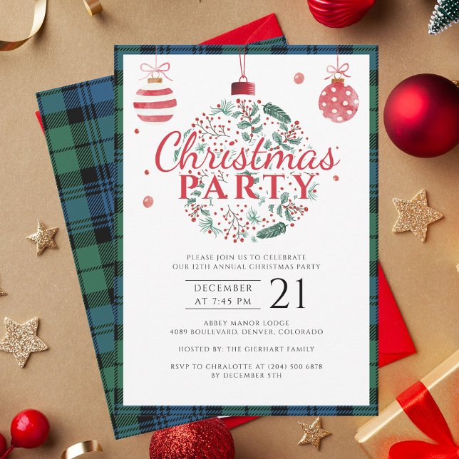 Invitación Festividad de Fiesta de Navidades Rusos Tartán (Rustic Tartan Campbell Elegant Christmas Party Invitation with Baubles)