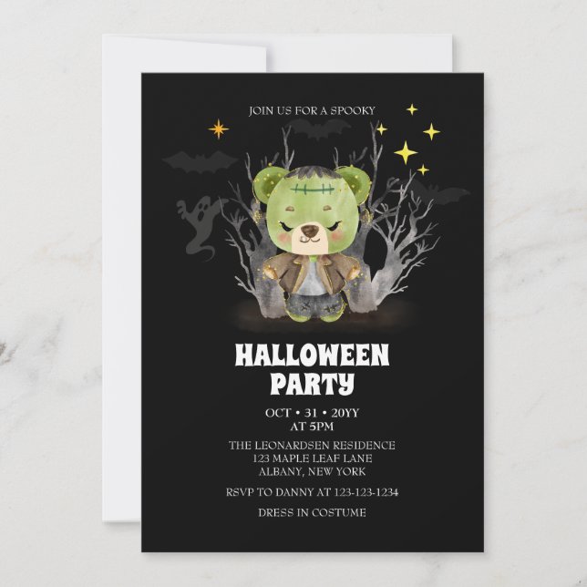 Invitación Festividad de Halloween del oso fantasma Frankenst (Anverso)