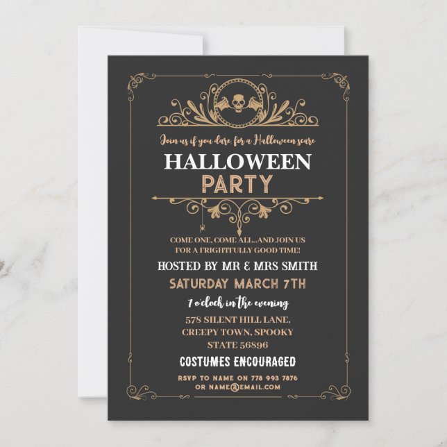 Invitación Festividad de Halloween Skull Marco gótico negro (Anverso)