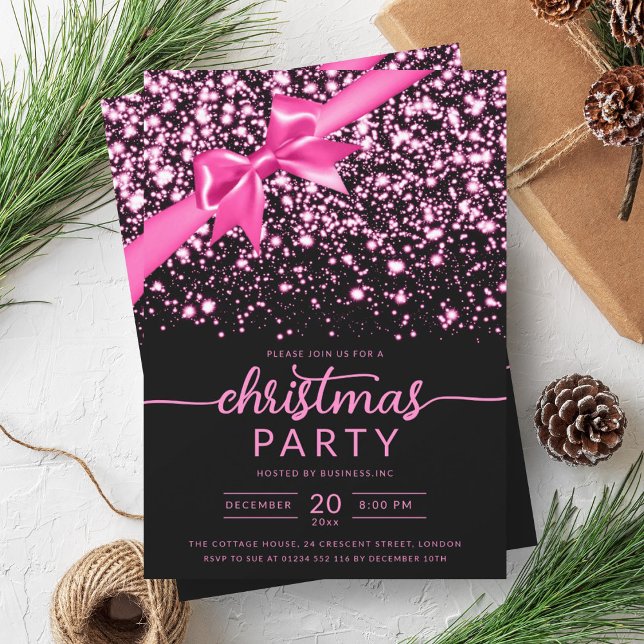 Invitación Festividad de la Compañía de Estrellas Luminosas d (Festive Hot Pink Winter Shiny Star Company Xmas Invitation)