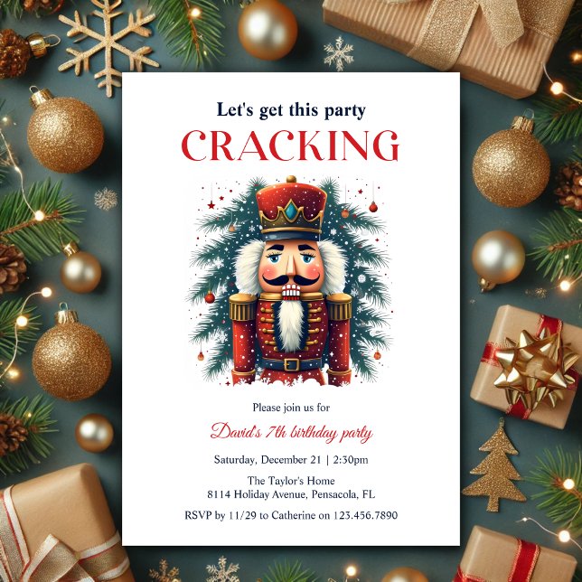 Invitación Festividad de los cazadores de nueces en la fiesta (Festive Christmas Nutcracker Cracking Themed Birthday Party Invitation)