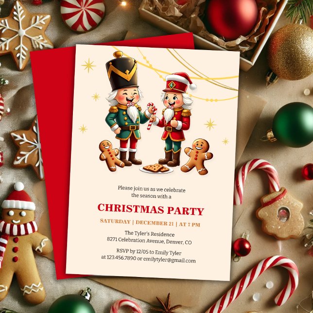 Invitación Festividad de los Navidades de los pepitas de Ging (Traditional Festive Gingerbread Nutcracker Christmas Party Invitation)