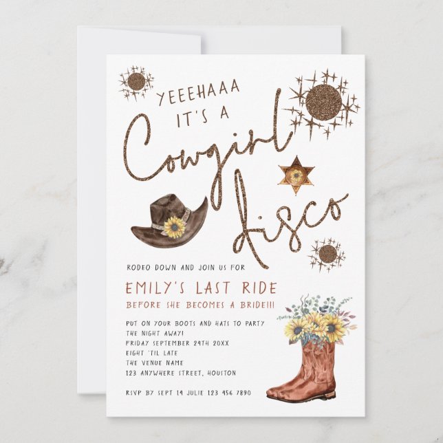 Invitación Festividad de moda Cowgirl Disco Purpurina Bachelo (Anverso)