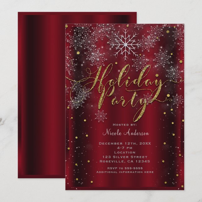 Invitación Festividad De Nieve Elegante Red Gold Moderno (Anverso / Reverso)