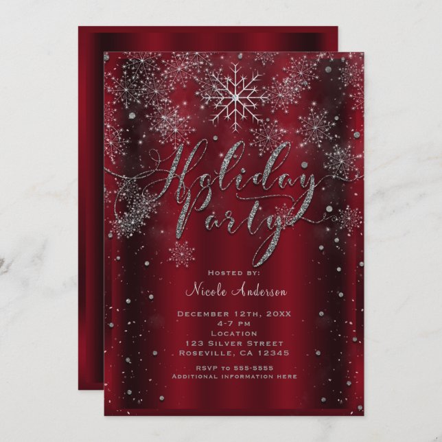 Invitación Festividad De Nieve Elegante Red Silver Moderno (Anverso / Reverso)