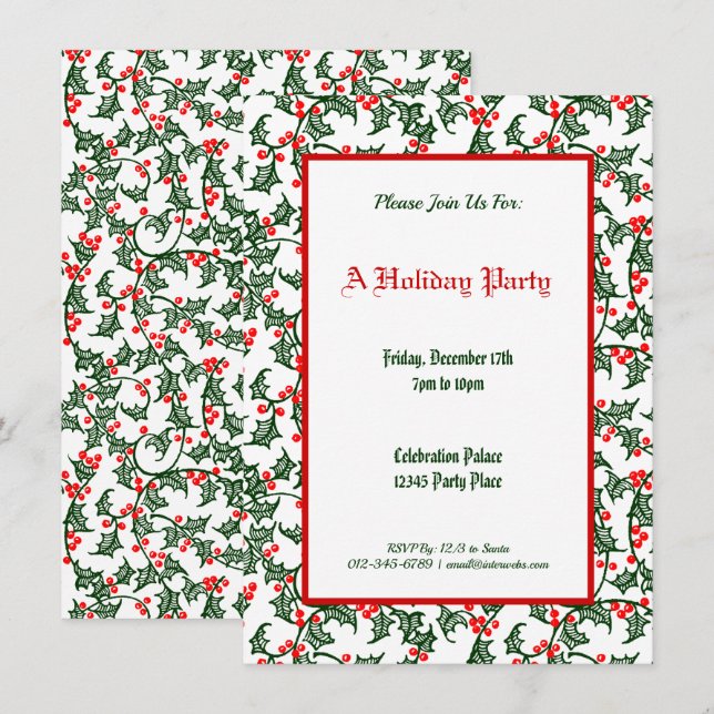 Invitación Festividad del patrón de holly verde editable 4.5x (Anverso / Reverso)