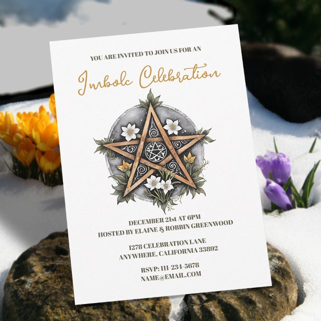 Invitación Festividad del Pentáculo Floral de Candlemas de Im (Wiccan Imbolc Candlemas Floral Pentacle Holiday Invitation)