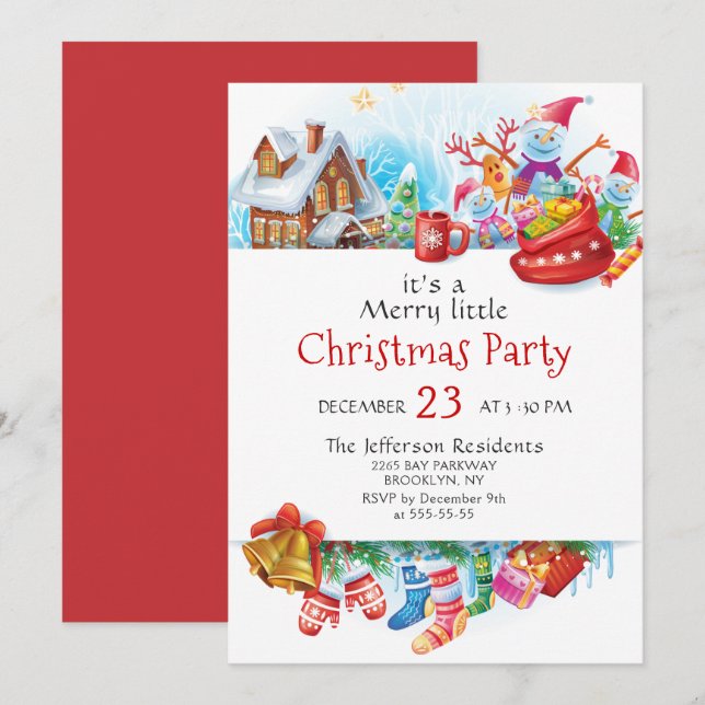 Invitación Festividad divertida, Fiesta de Navidades pequeños (Anverso / Reverso)