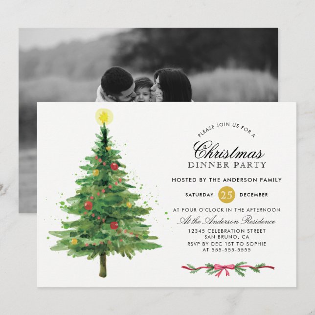 Invitación Festividad en el árbol de Navidad Fiesta de cena (Anverso / Reverso)