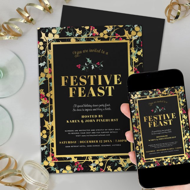 Invitación Festividad Fiesta Navidades de bayas de oro negro (Subido por el creador)
