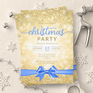 Invitación Festividad Gold Winter Snowflakes Company Blue Rib
