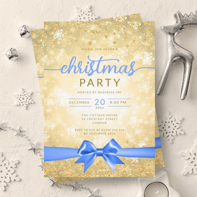 Invitación Festividad Gold Winter Snowflakes Company Blue Rib (Festive Gold Winter Snowflakes Company Blue Ribbon Invitation)