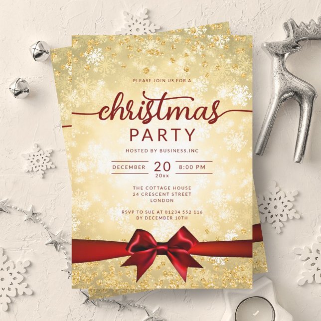 Invitación Festividad Gold Winter Snowflakes Company Red Ribb (Festive Gold Winter Snowflakes Company Red Ribbon Invitation)