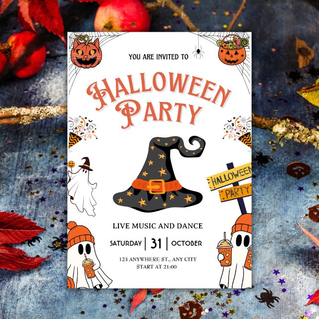 Invitación Festividad Gorra de brujas y fiesta de Halloween (Festive Witch Hat & Ghosts Halloween Party Invitation
)