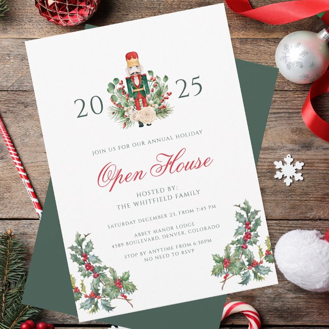 Invitación Festividad Holiday Nutcracker Open House Berries (Christmas Holiday Nutcracker Open House Red Berries Party Invitation)