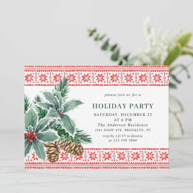 Invitación Festividad Holly Berry Branch Navidades de vacacio (Anverso de pie)