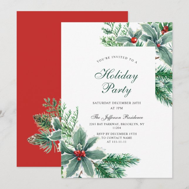 Invitación Festividad Holly Berry Branch Navidades de vacacio (Anverso / Reverso)