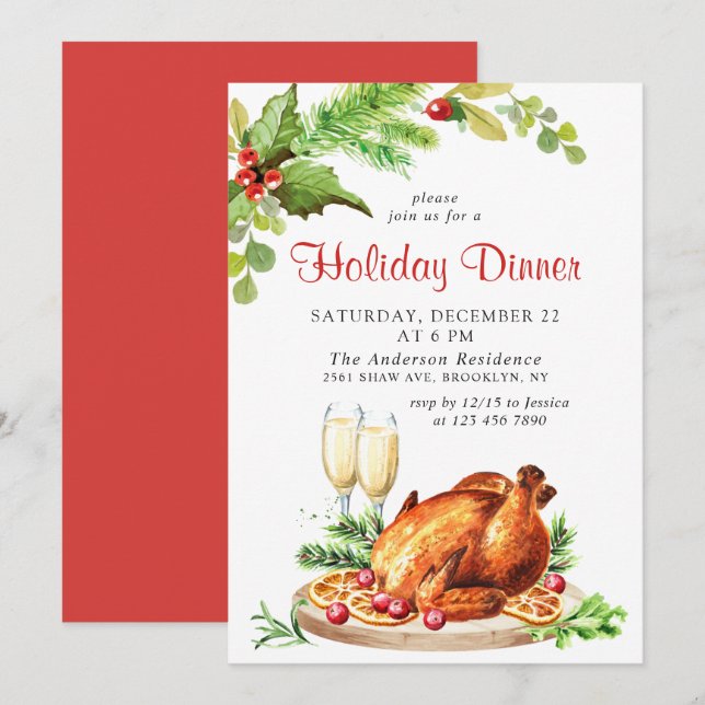 Invitación Festividad Holly Berry Navidades de la cena (Anverso / Reverso)