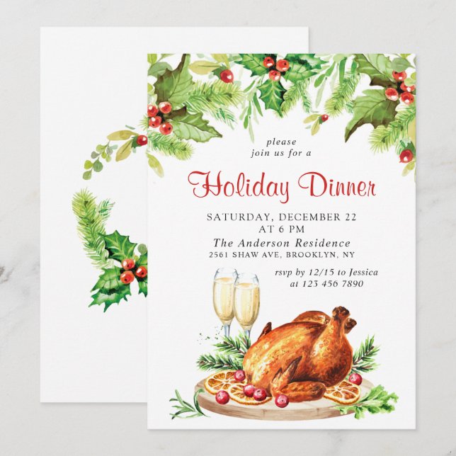 Invitación Festividad Holly Berry Navidades de la cena (Anverso / Reverso)