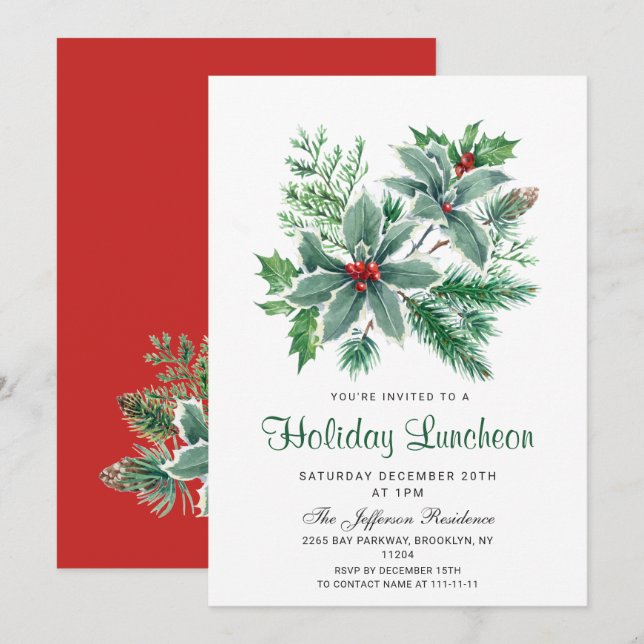 Invitación Festividad Holly Berry Navidades Holiday Luncheon (Anverso / Reverso)