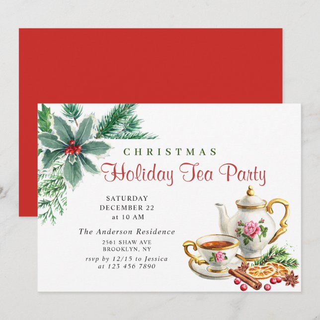 Invitación Festividad Holly Berry Navidades Holiday Tea Fiest (Anverso / Reverso)