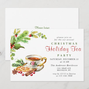 Invitación Festividad Holly Berry Navidades Holiday Tea Fiest