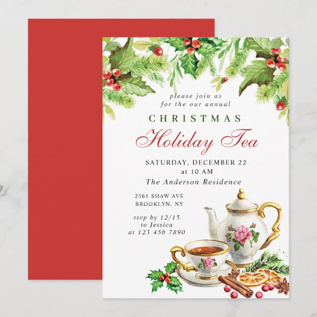 Invitación Festividad Holly Berry Navidades Holiday Tea Fiest (Anverso / Reverso)