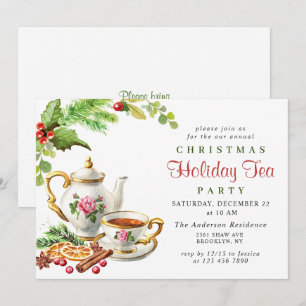 Invitación Festividad Holly Berry Navidades Holiday Tea Fiest