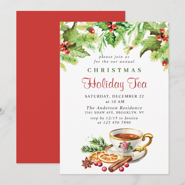 Invitación Festividad Holly Berry Navidades Holiday Tea Fiest (Anverso / Reverso)
