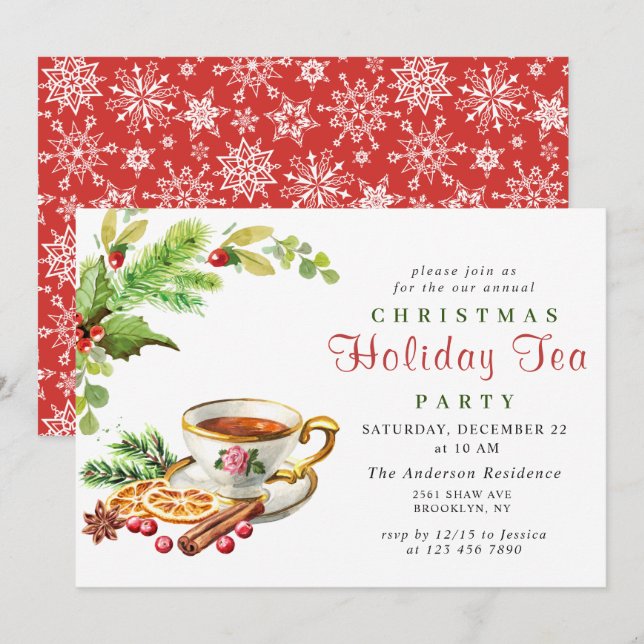 Invitación Festividad Holly Berry Navidades Holiday Tea Fiest (Anverso / Reverso)