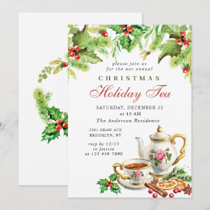 Invitación Festividad Holly Berry Navidades Holiday Tea Fiest