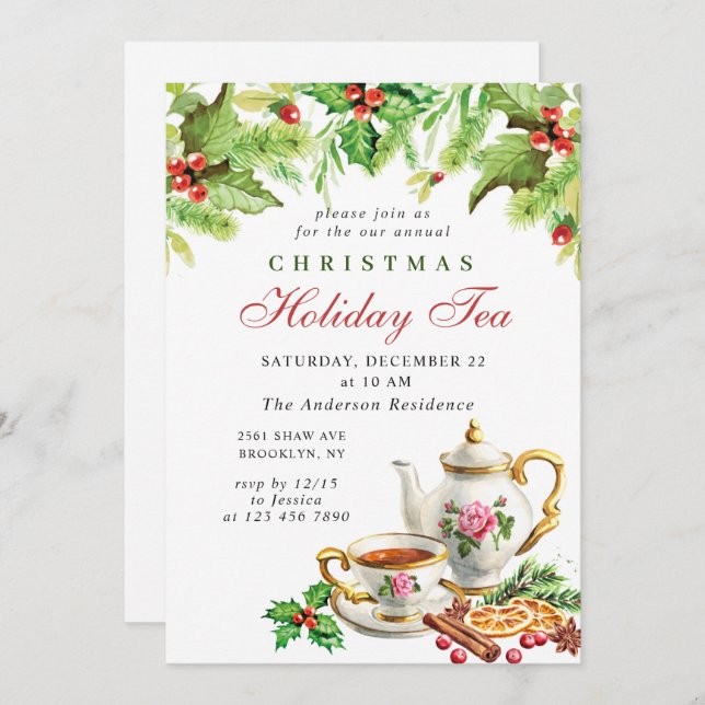 Invitación Festividad Holly Berry Navidades Holiday Tea Fiest (Anverso / Reverso)