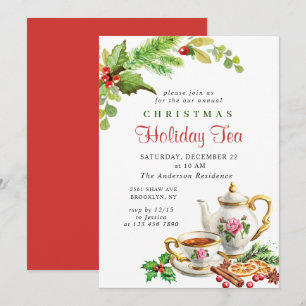 Invitación Festividad Holly Berry Navidades Holiday Tea Fiest