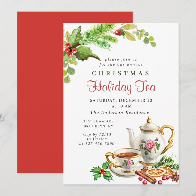 Invitación Festividad Holly Berry Navidades Holiday Tea Fiest (Anverso / Reverso)