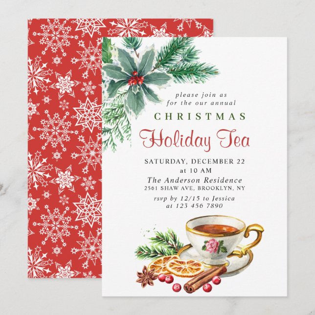 Invitación Festividad Holly Berry Navidades Holiday Tea Fiest (Anverso / Reverso)