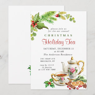 Invitación Festividad Holly Berry Navidades Holiday Tea Fiest