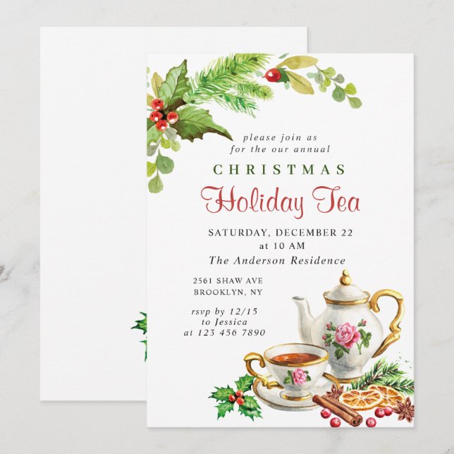 Invitación Festividad Holly Berry Navidades Holiday Tea Fiest (Anverso / Reverso)