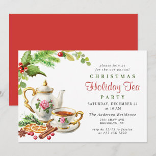 Invitación Festividad Holly Berry Navidades Holiday Tea Fiest