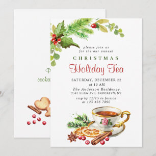 Invitación Festividad Holly Berry Navidades Holiday Tea Fiest