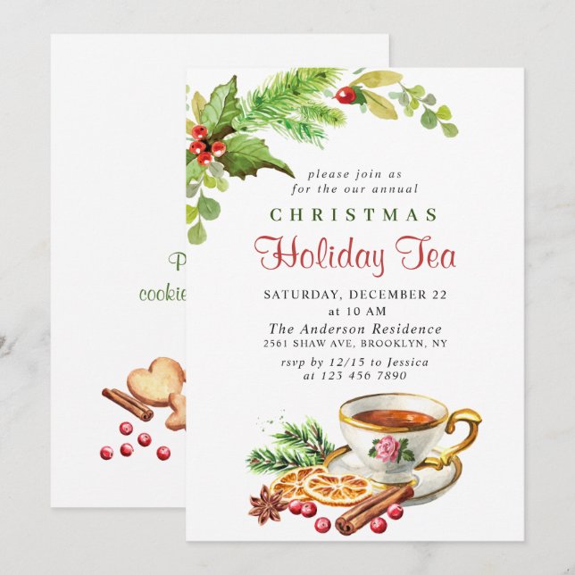 Invitación Festividad Holly Berry Navidades Holiday Tea Fiest (Anverso / Reverso)