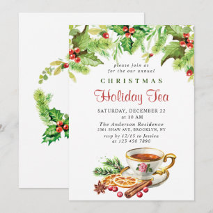 Invitación Festividad Holly Berry Navidades Holiday Tea Fiest