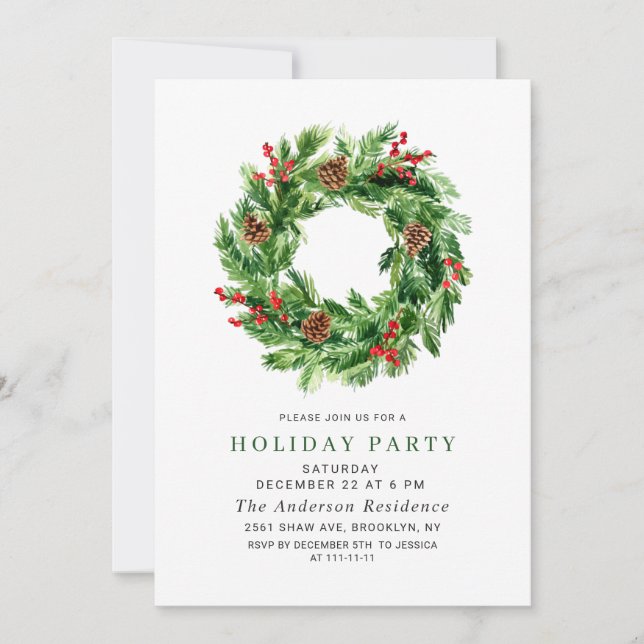 Invitación Festividad Holly Berry Pine Wreath Navidades Fiest (Anverso)