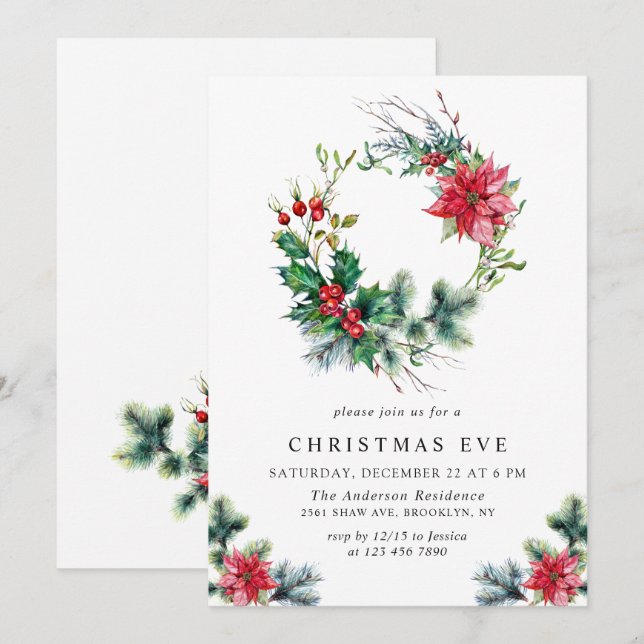 Invitación Festividad Holly Berry Wreath Navidades Fiesta (Anverso / Reverso)