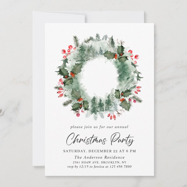 Invitación Festividad Holly Berry Wreath Navidades Fiesta (Anverso)