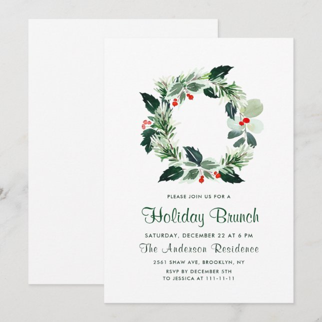 Invitación Festividad Holly Berry Wreath Navidades Fiesta (Anverso / Reverso)