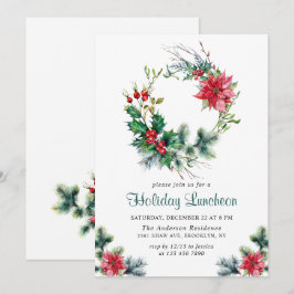 Invitación Festividad Holly Wreath Navidades Holiday Luncheon