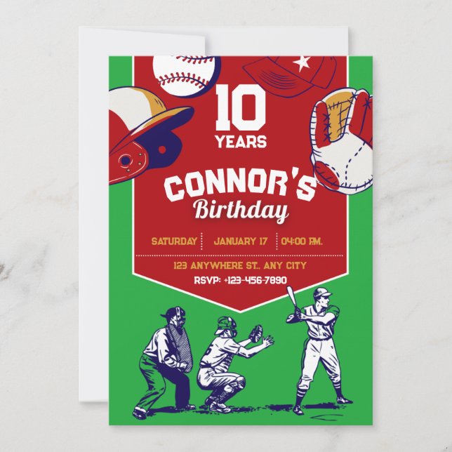 Invitación Festividad ilustrada de beisbol rojo y verde (Anverso)