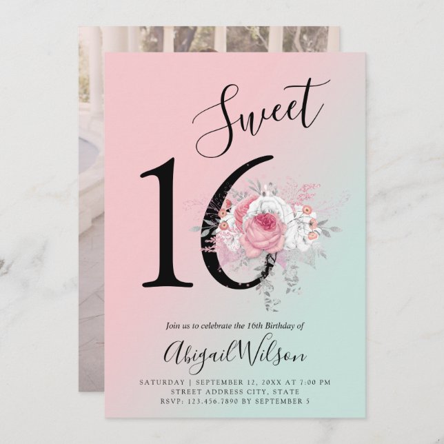 Invitación Festividad moderna de color oscuro dulce de diecis (Anverso / Reverso)