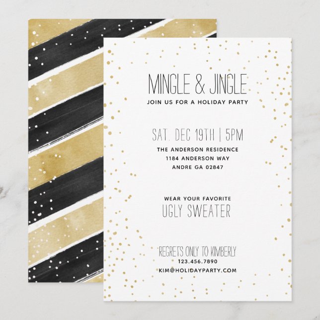 Invitación Festividad moderna de copos de nieve en negro y or (Anverso / Reverso)